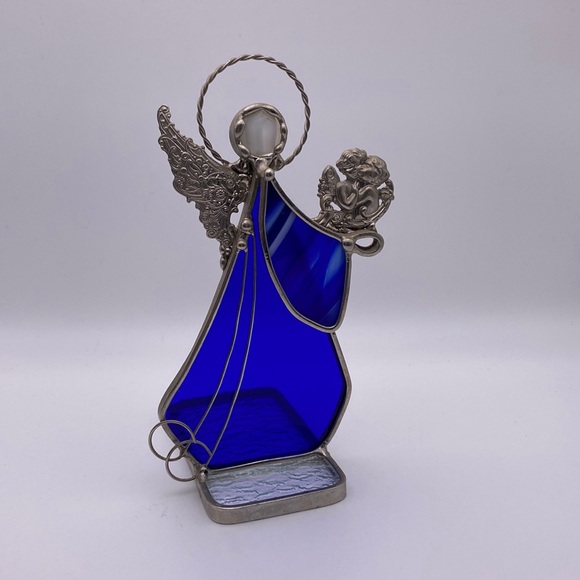 Vintage Angel Stained Glass Tea Light Holder Figure Cobalt Blue, White, Clear